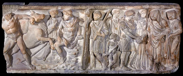 Sarkophag, der Jason und den feuerspeienden Stier in Kolchis darstellt, 753-476 v. Chr. (Marmor)